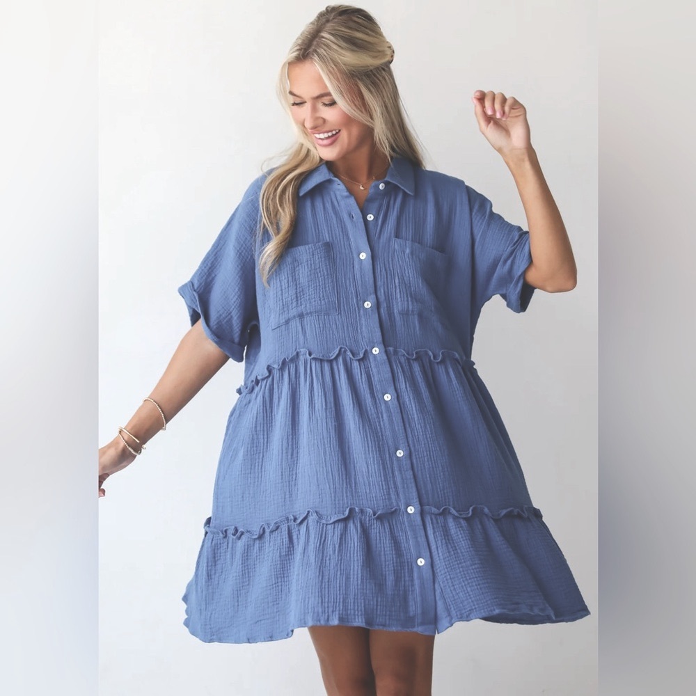 AURA tiered 100% cotton button down nautical cottagecore mini dress size large